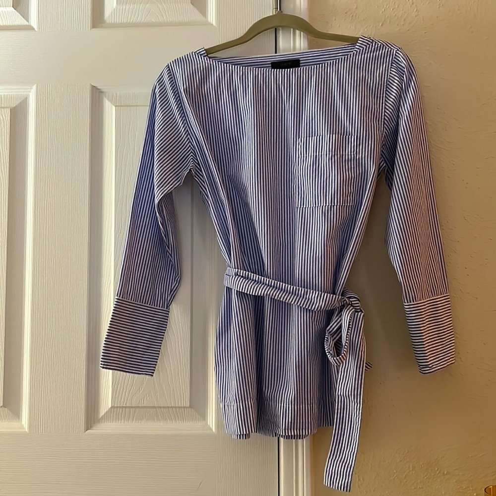 J.CREW Striped Tie Waist Tunic. Blue and White Stripe.